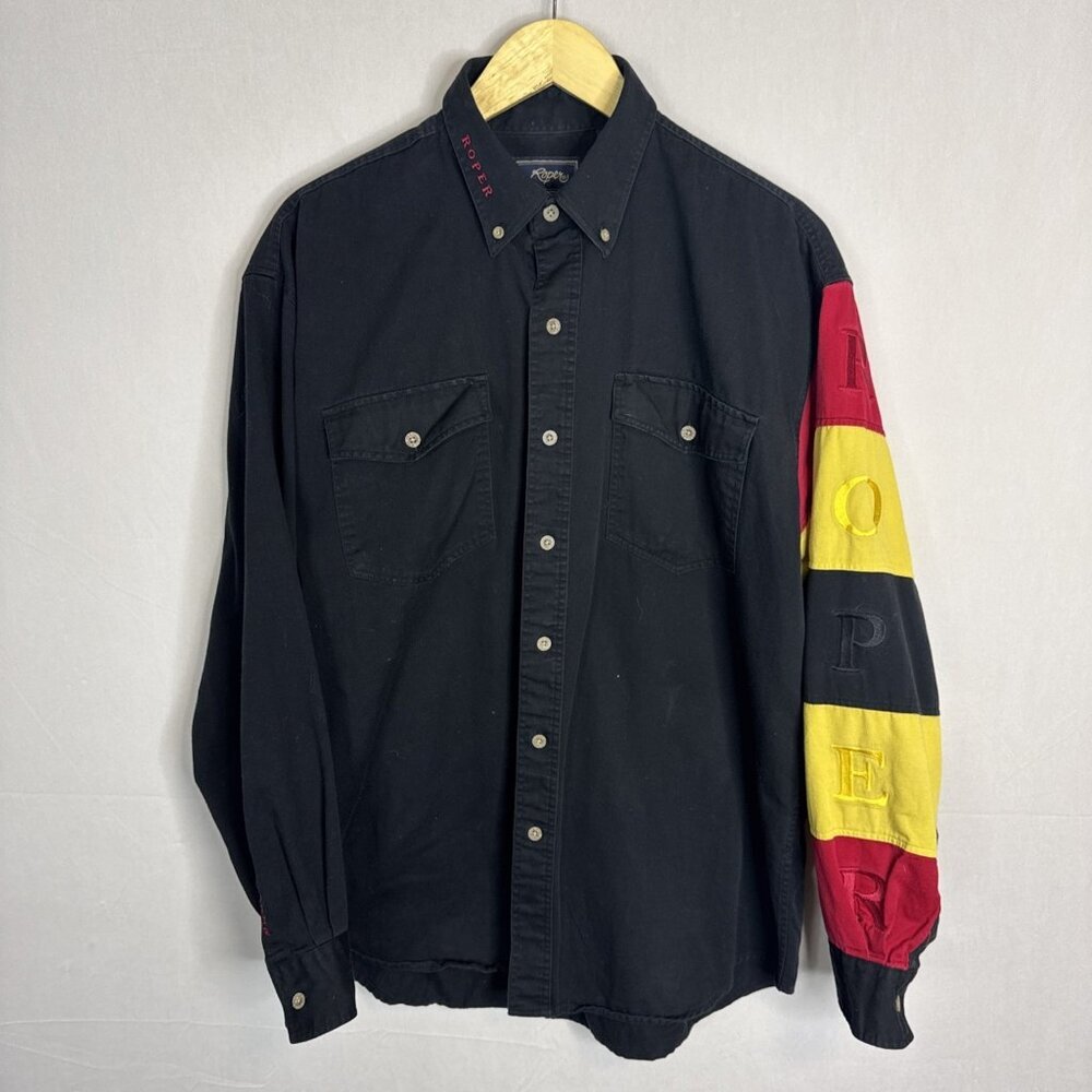 Roper Vintage Western Shirt Men L Black Button Front Color Block ROPER Spellout